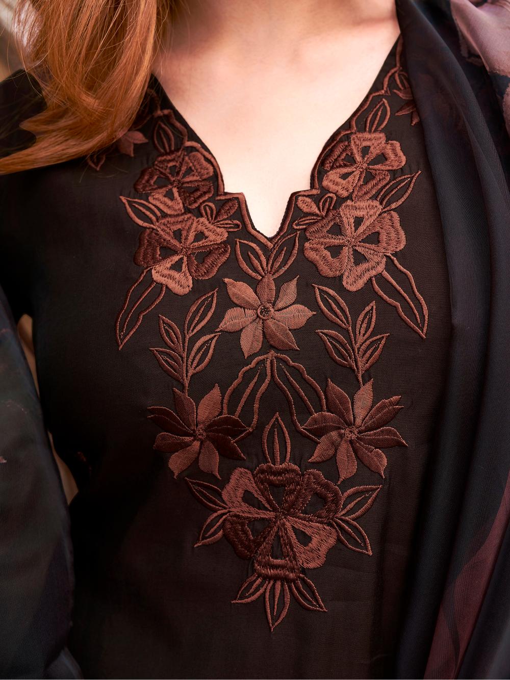 BROWN COLOR SILK BLEND WITH PRINTED DUPATTA AND TAN COLOR EMBROIDERED KURTASET